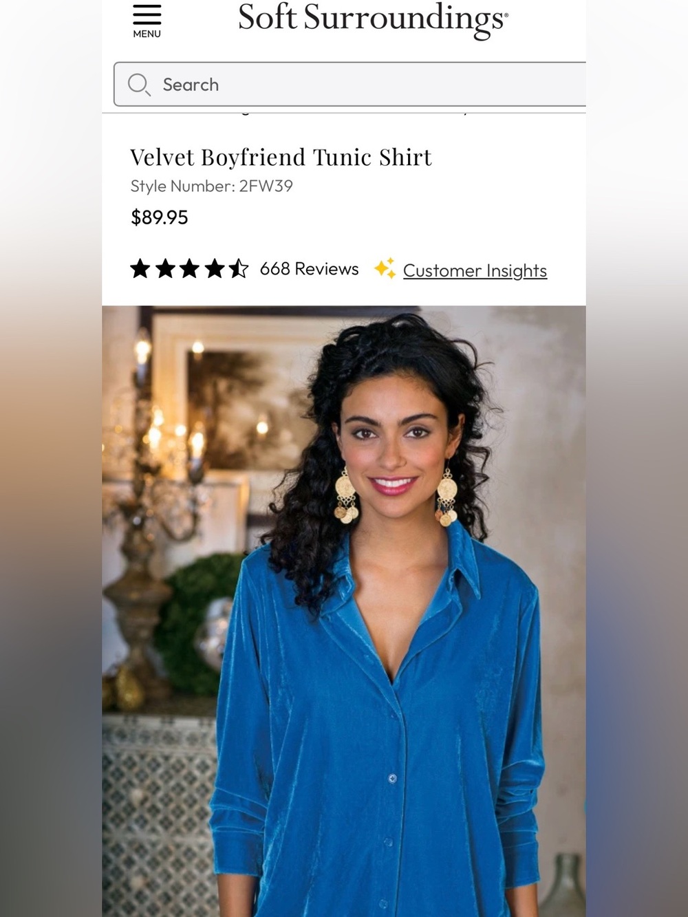 Velvet Boyfriend Button-Down Tunic in Bright Royal Blue NWOT smoke/pet free